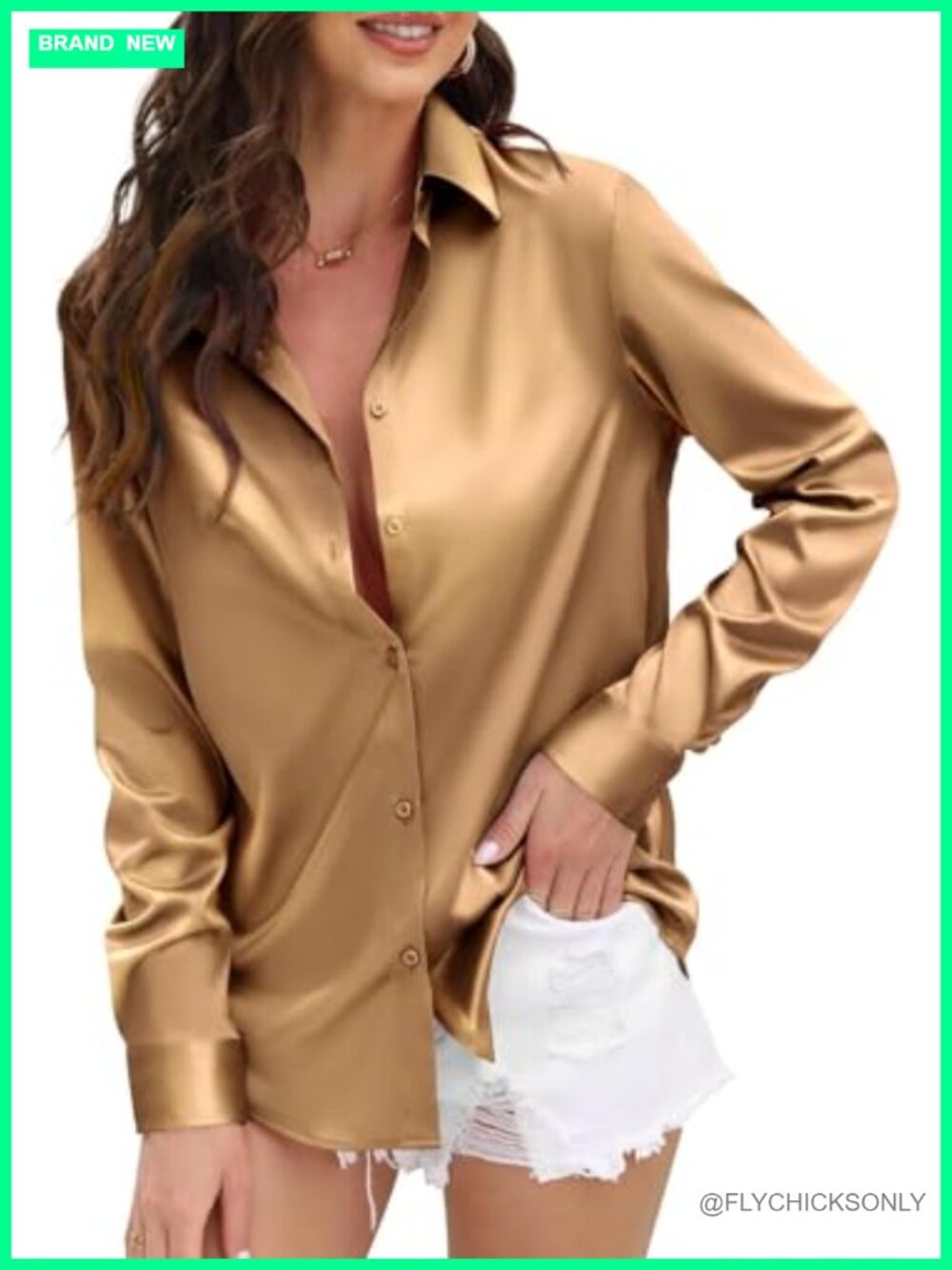 Satin Silk Button Down Shirt Long Sleeve V-Neck Work Blouse